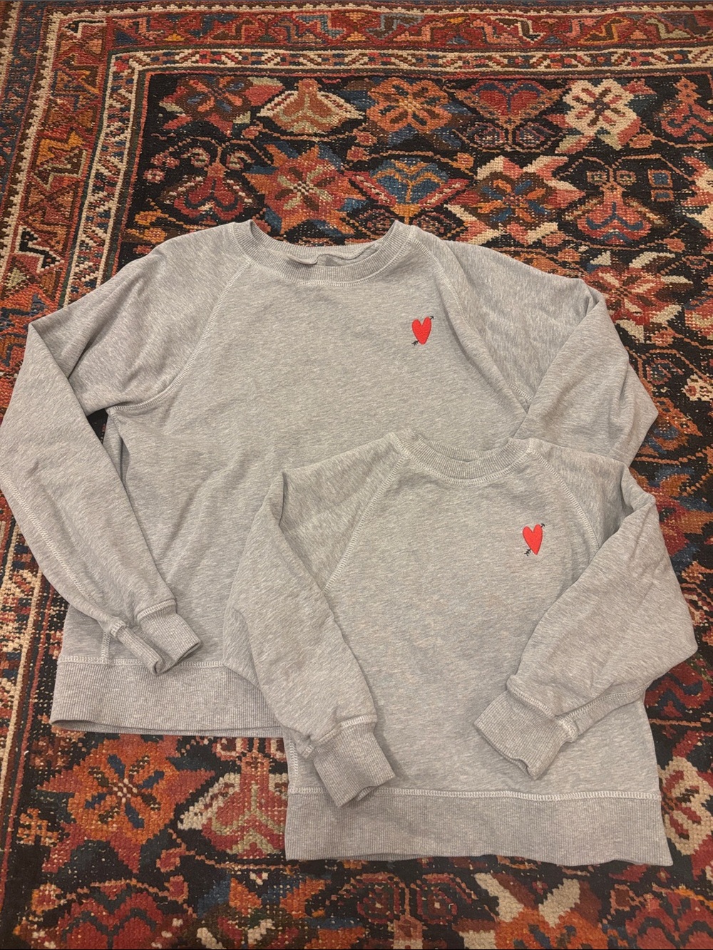 Matching Hanna Anderson French terry heart embroidered sweatshirts, size 12/4